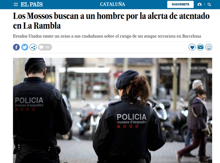 美國國務院警告西班牙耶誕節期間有發生恐怖攻擊的風險後，巴塞隆納進入戒備狀態。   圖：翻攝El Pais官網
