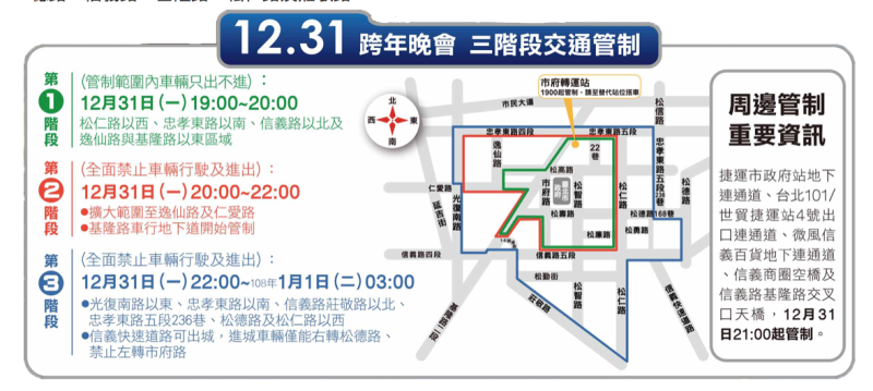 台北101跨年晚會三階段交通管制。   圖：截自台北市跨年晚會官方網站