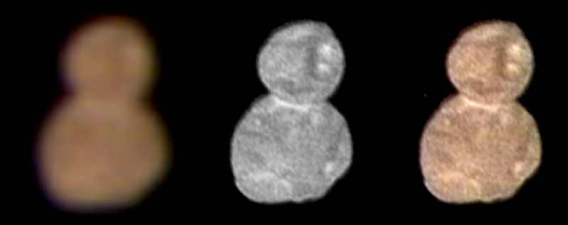 美國太空總署「新視野號」傳回與「天涯海角」小行星邂逅的畫面，外形狀如雪人。   圖：翻攝NASA官網