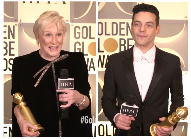 左：2019年金球獎影后葛倫克蘿絲（Glenn Close）；右：2019年金球獎影帝雷米馬利克（Rami Malek）。   圖：取自Golden Globes/臉書（新頭殼合成照）
