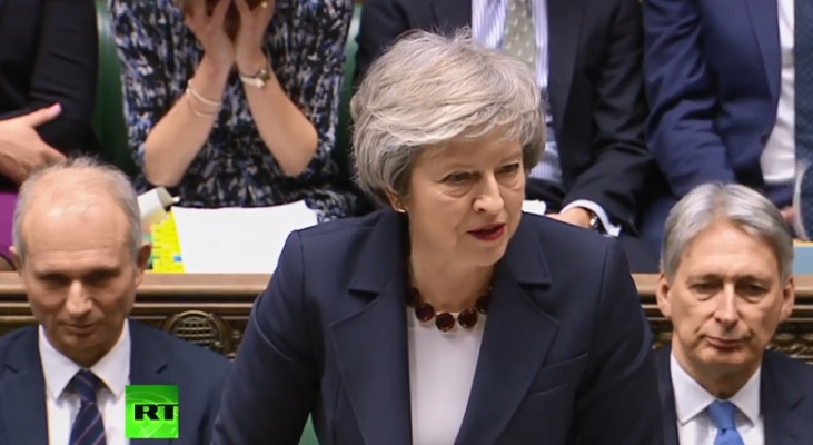 英國國會議員9日對脫歐協議展開5天辯論，首相梅伊（圖）在國會答詢時重申，排除延後脫歐的可能。   圖：翻攝Youtube