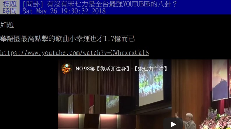 早在去年5月，就有網友訝異發現，宋七力的一支佈道影片竟多達1.7億點擊率，比華語圈最高點擊率單曲《小幸運》還多出1000多萬，可謂是全台最強Youtuber。   圖：翻攝自PTT