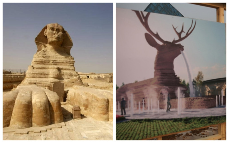 河北石家莊市一座影視城計劃興建噴水鹿頭獅身像，埃及揚言提告。   圖／左為埃及人面獅身像翻攝自網路,右為該影視城施工計劃圖翻攝自視覺中國