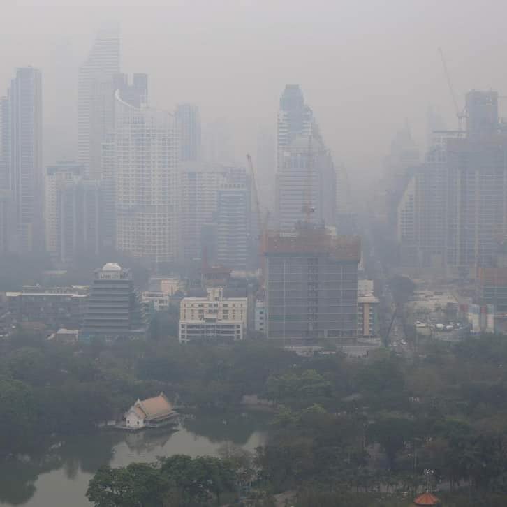 泰國曼谷數週來籠罩在霧霾中，目前還不知道會持續多久。   圖：翻攝Globe Newspaper Bangkok臉書