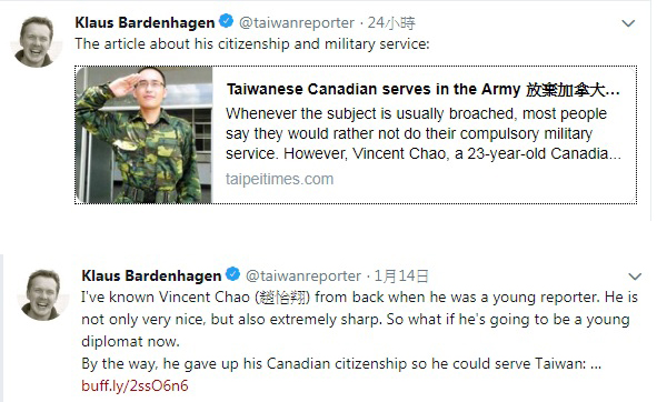 在台灣的德國記者Klaus Bardenhagen，也連續在推特發文，大讚口譯哥不只人很好，而且非常sharp（敏銳）。   圖：翻攝Klaus Bardenhagen推特/新頭殼合成