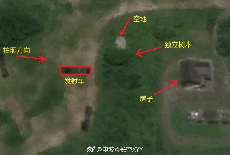中國大陸網友比對衛星空照圖，把「發射車」和「拍照方向」都標示了出來。   圖：翻攝Lu Li-Shih臉書