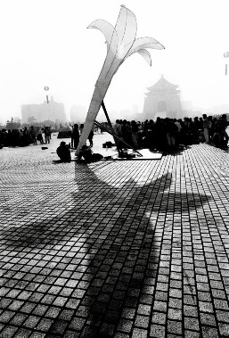 野百合學運照片，學運期間放置於中正紀念堂廣場的野百合塑像。   圖：擷取維基百科/蔡文祥攝影