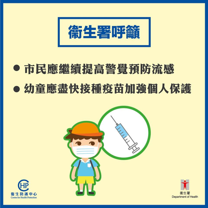 香港幼稚園與幼兒中心爆發流感樣疾病個案數目，過去2週大幅飆升，港府呼籲幼童應盡快接種疫苗。   圖：翻攝香港衛生署衞生防護中心臉書
