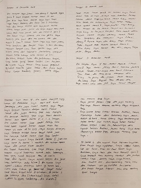 25歲的印尼看護工阿娣，以印尼文寫下一大疊受虐日記，字字血淚。   圖：新北市勞工局/提供