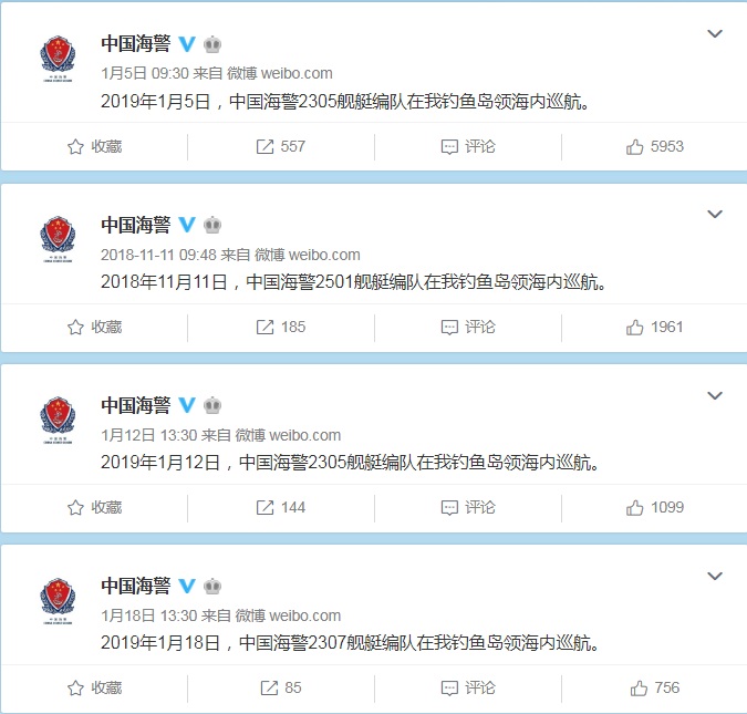 中國海警微博證實2019年第1個月不到20天已3次「編隊巡航」釣魚島海域。   圖：翻攝中國海警微博