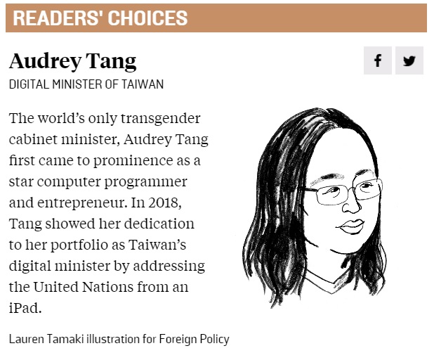 該期刊網站上介紹唐鳳，開頭便以世界唯一跨性別內閣成員介紹。   圖：翻攝自Foreign Policy