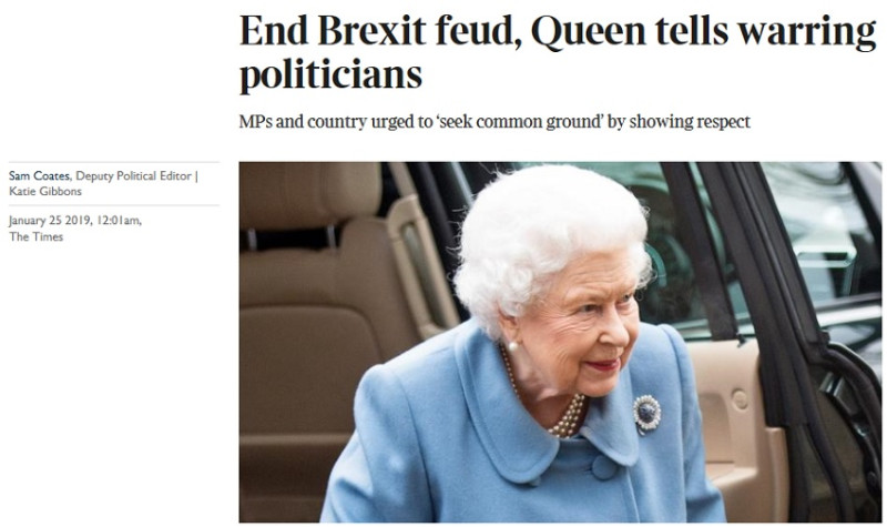 國女王伊麗莎白二世（Queen Elizabeth II）發表演說，雖未明白提到英國脫歐，但敦促全英尋求共識並理解大局。   圖：翻攝The Times網站