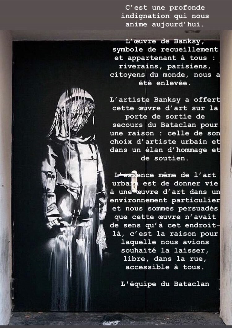 英國街頭藝術家班克西在巴黎巴塔克蘭劇場火災逃生門上繪製的一幅壁畫已被偷走。   （圖取自twitter.com/bataclan_）