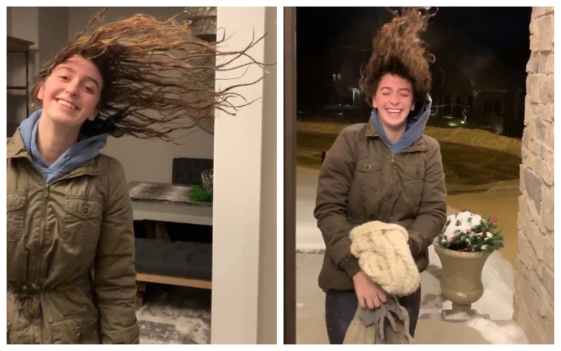 美國女網友濕髮走到室外，髮梢瞬間秒結冰。   圖／翻攝自推特