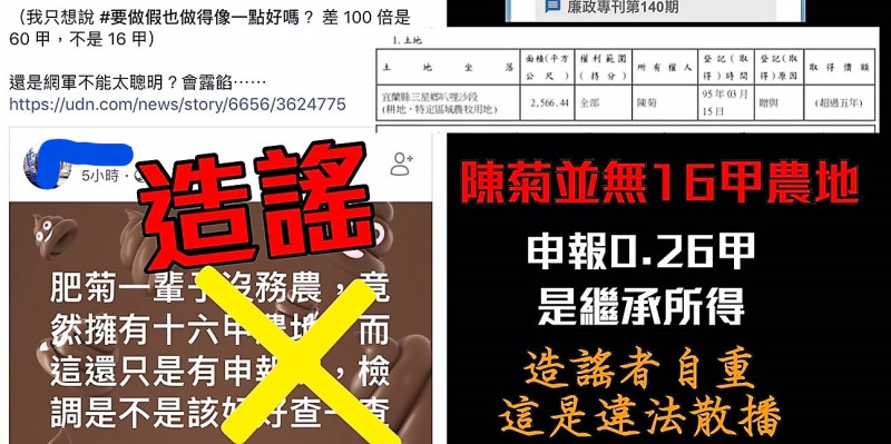 監察院公告最新財產申報，總統府秘書長陳菊因繼承持有的農地持分，遭到網路不實誇大抹黑。   圖：翻攝網路澄清貼圖