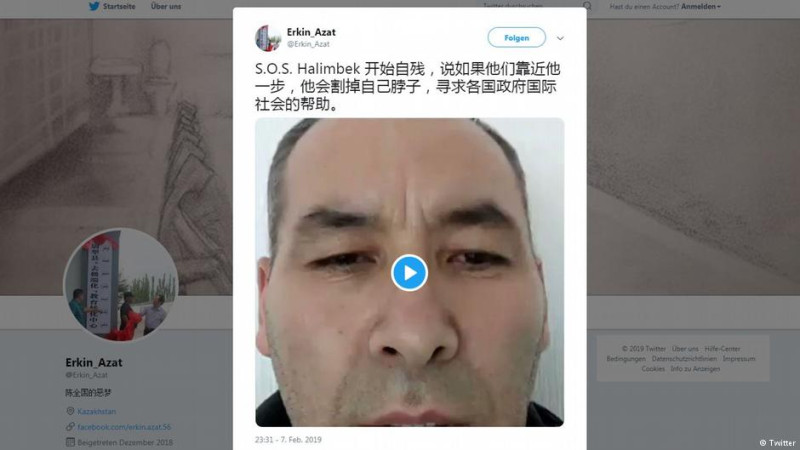 自由記者阿札特(Erkin Azat)2月8日在推特上發佈影片，在影片中，中國籍哈薩克族男子沙曼在烏茲別克機場割喉，並用哈語和中文向歐美各國領導人和國際組織求救，拒絕被遣返回中國。   圖：翻攝自Erkin Azat  Twitter