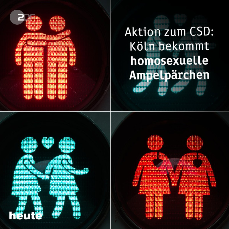 德國科隆市將舉行歐洲最大規模的同志大遊行，市政府將更換遊行路線的紅綠燈號圖案，以示支持。   圖：翻攝自ZDF heute推特
