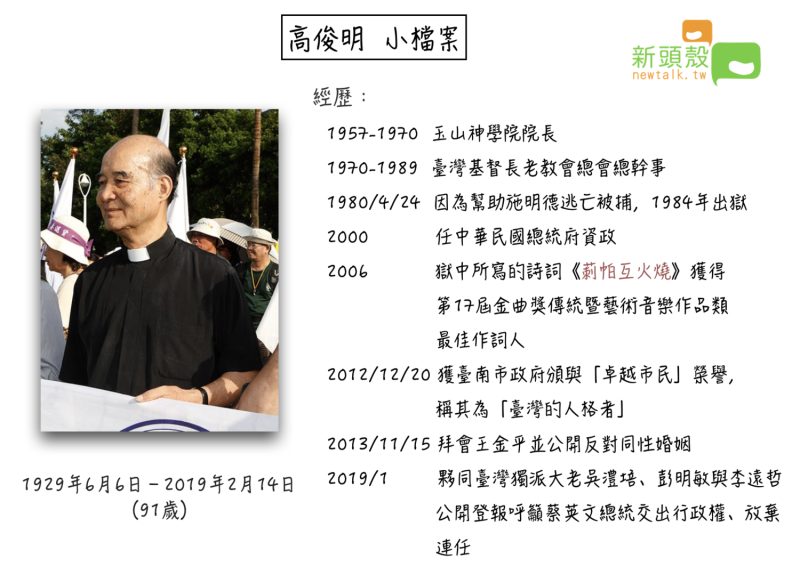 台灣基督長老教會前總幹事高俊明牧師過世，享年91歲。   圖：新頭殼製
