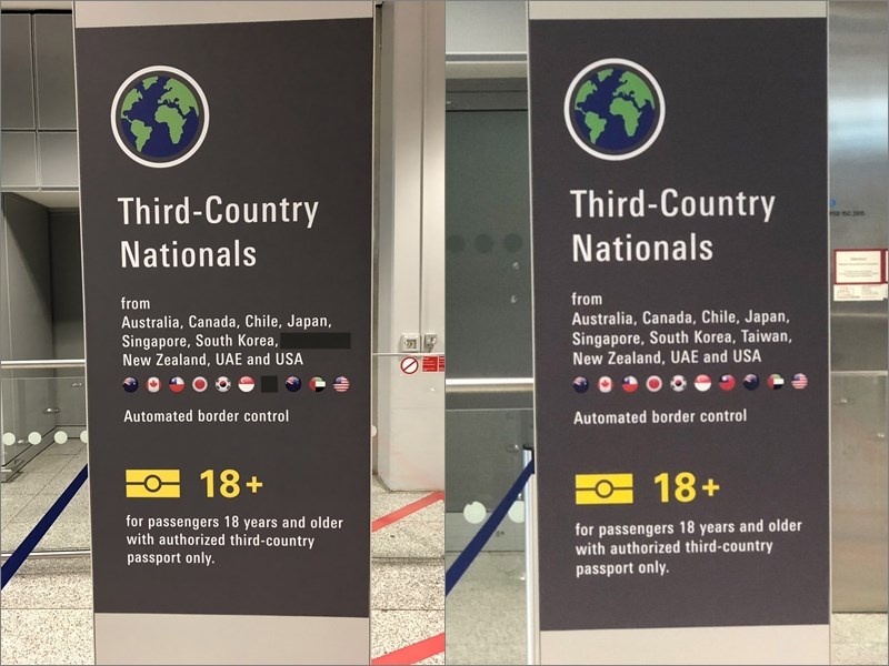 台灣在德國法蘭克福機場自動通關待遇的國旗及Taiwan圖示文字15日恢復（右）。圖左為日前遭塗銷的看板。   圖左：中央社檔案照片；圖右：網友提供