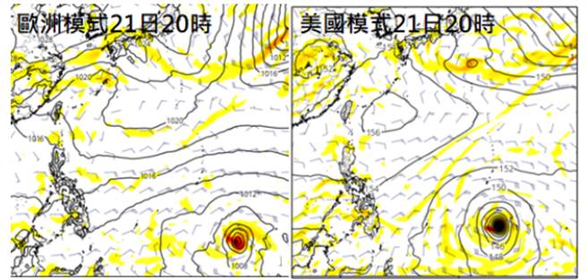 15日20時歐洲中期預報中心(ECMWF)模式(左圖)及美國(GFS)模式(右圖)皆模擬出，未來一週末期西北太平洋有熱帶擾動發展的跡象。   (擷圖自Tropical tidbits)