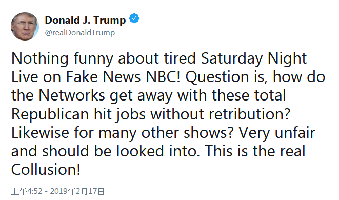 果不其然，這天，川普看完節目，隨即又用力發出推文，怒嗆說：「令人厭倦的假新聞NBC周六夜現場，一點也不好笑！」   圖：翻攝自Twitter