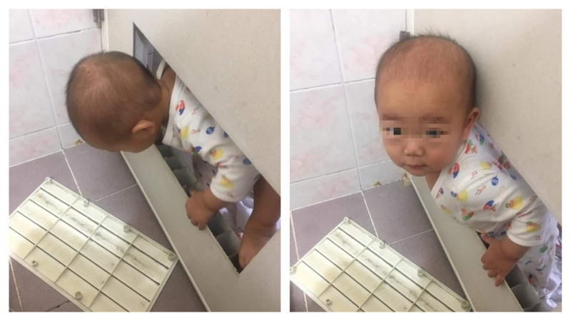 網友分享自家小孩破門而入闖進廁所的照片，讓大家笑翻。   圖／翻攝自爆廢公社