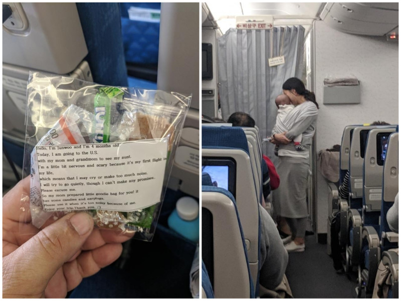 一名女子帶著 4 月大的嬰兒坐十小時的飛機，一招讓機上乘客融化。   圖／翻攝自 Dave Corona 臉書