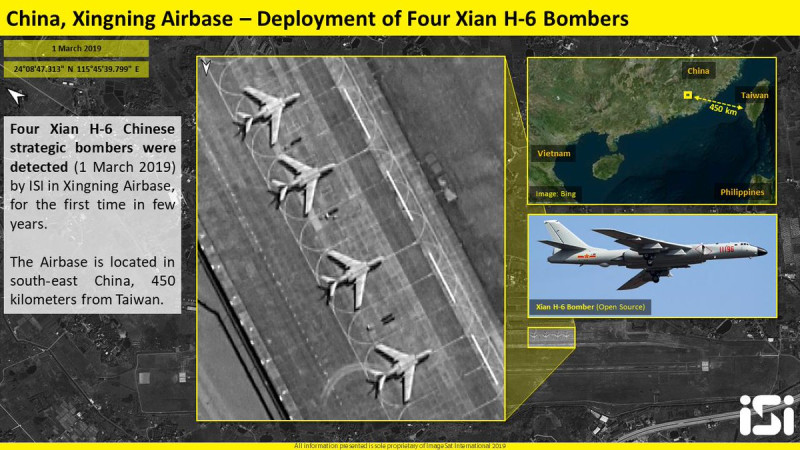 商用衛星公司ImageSat Intl.發布訊息揭露，共軍有4架轟6轟炸機「前推」部署到廣東興寧機場，還強調「這是幾年來的第一次」(for the first time in few years)、「距離台灣海岸450公里」(The bombers are deployed 450 km from Taiwan coasts)。   圖：翻攝ImageSat Intl.推特