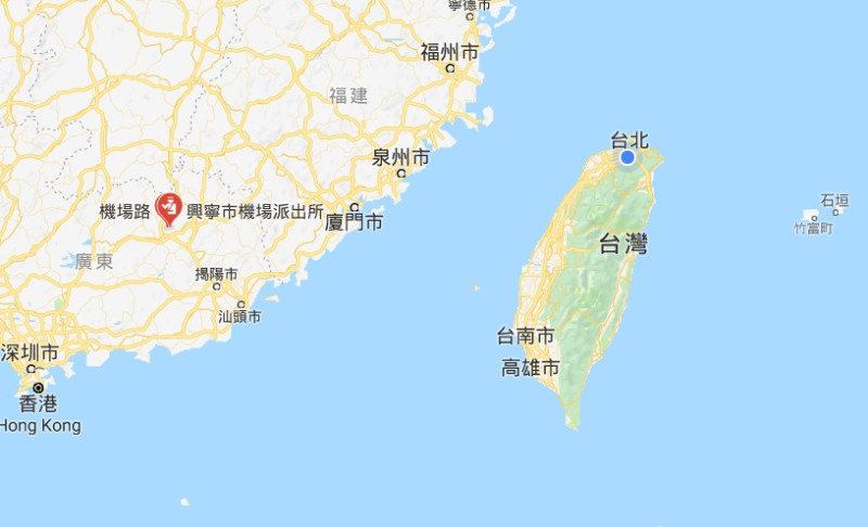 廣東興寧機場與台灣海岸距離450公里(大致相關位置)   圖：翻攝Google Map