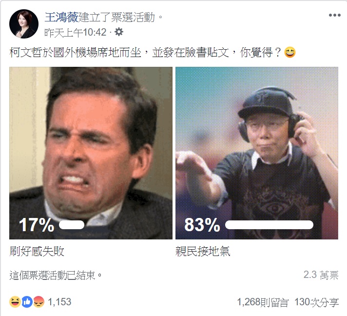 國民黨台北市議員王鴻薇，針對柯文哲於國外機場席地而坐充電，並在臉書貼文，在個人臉書粉專開啟投票。   圖：翻攝自王鴻薇臉書