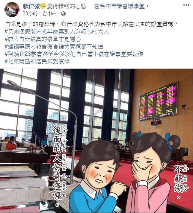 賴佳微在臉書上批評羅廷瑋「有什麼資格質詢」。   圖：翻攝自 賴佳微 臉書