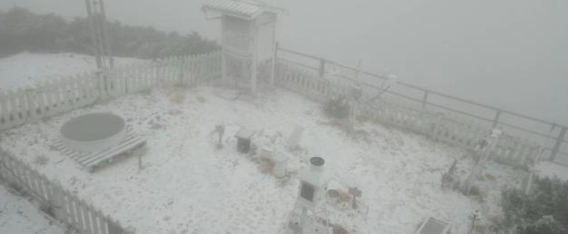 玉山今（11）日凌晨開始下雪，截至上午9時55分已積雪3.5公分。   圖：中央氣象局/提供