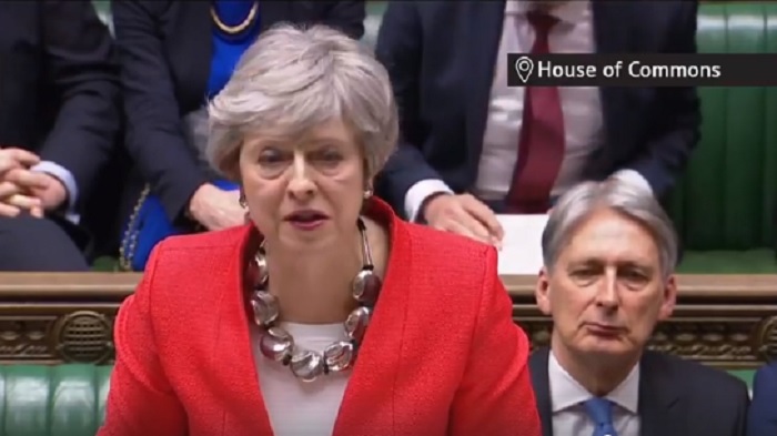 英國首相梅伊12日在脫歐協議表決前赴國會演說，做最後的拉票。   圖：翻攝UK Prime Minister臉書
