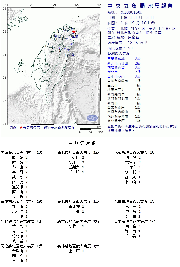今天凌晨4點19分新北貢寮發生規模5.1地震。   圖：翻攝中央氣象局