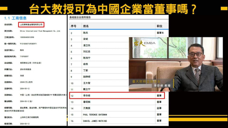 台大教授被爆到中國企業擔任獨立董事。   圖：取自黃國昌臉書
