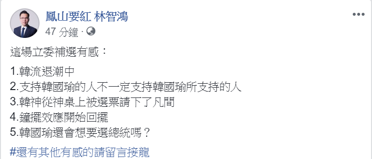 針對立委補選結果，民進黨高雄市議員林智鴻有感而發，於臉書上發文表示「韓流退潮中」。   圖：翻攝自林智鴻臉書