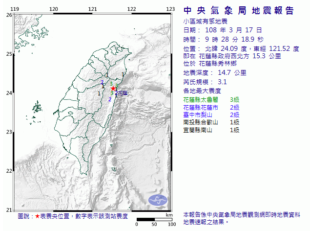 今（17）日9時28分花蓮發生規模3.1小區域有感地震   圖：截自中央氣象局
