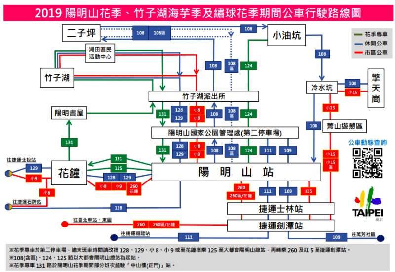 2019竹子湖海芋季及繡球花季期間公車行駛路線圖   圖：台北市公運處/提供