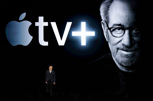蘋果發表新影音服務Apple TV+，邀請到名導史蒂芬史匹柏站台力挺。   圖：美聯社／達志影像