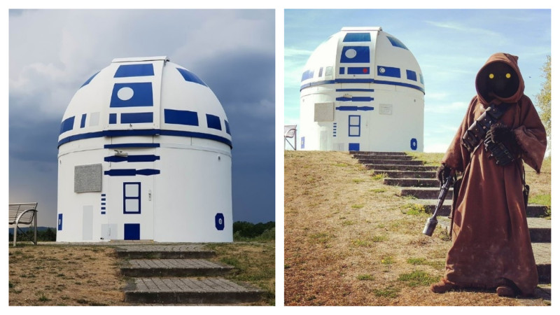 德國一位教授將大學天文台外觀漆成 R2-D2 ，引來星戰迷朝聖合影。   圖／翻攝自 BoredPanda