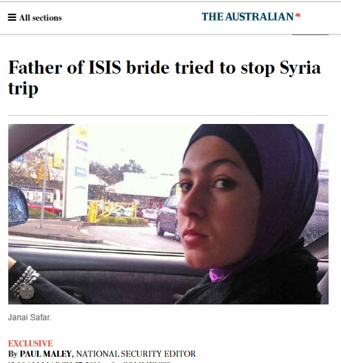 澳洲籍女子票奈薩法爾成為伊斯蘭國的聖戰新娘，受訪時表示不想帶兒子回澳洲。   圖：翻攝自《澳大利亞人》