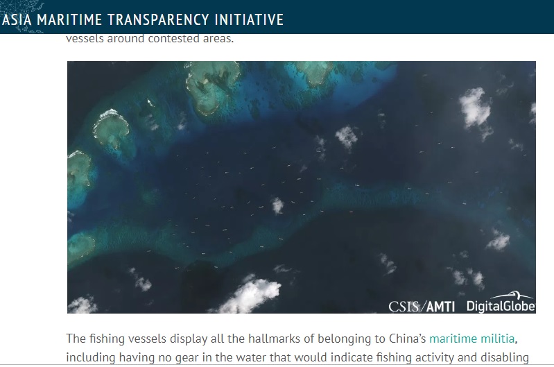 據美國智庫「亞洲海事透明倡議」組織拍得的衛星圖像顯示，為數眾多的漁船出現在中業島周圍。   圖：翻攝自「亞洲海事透明倡議」官網
