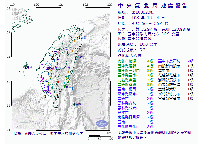今（4）日9時56分台東縣政府西北方36.9公里，發生芮氏規模5.2地震。   圖：截自中央氣象局