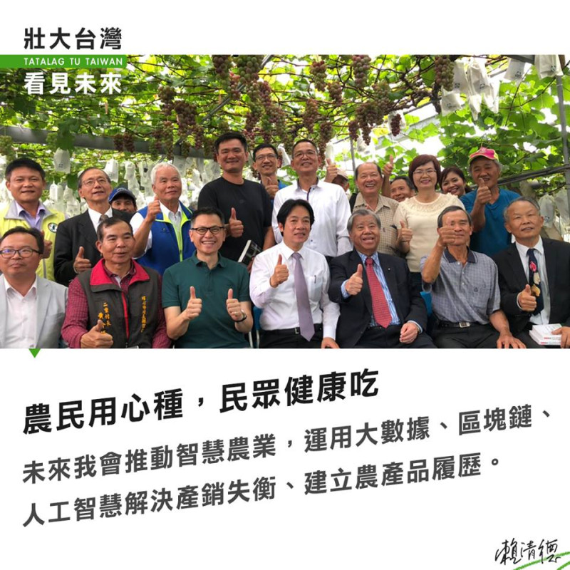 賴清德指出，面對全球氣候變遷和貿易自由化，農民生計越來越困難，必須要有新策略。   圖：翻攝自賴清德臉書