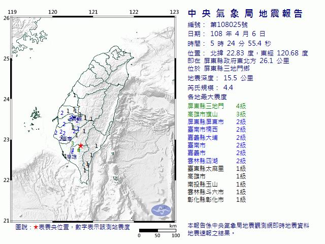 屏東縣5時24分發生芮氏規模4.地震。   圖/擷取自中央氣象局