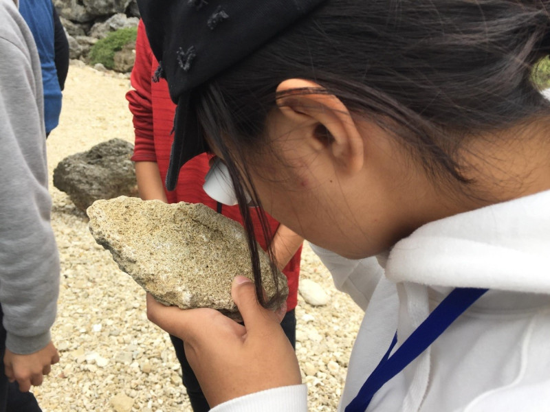 學生在野外使用放大鏡觀察標本上的微體化石   圖：國教署提供