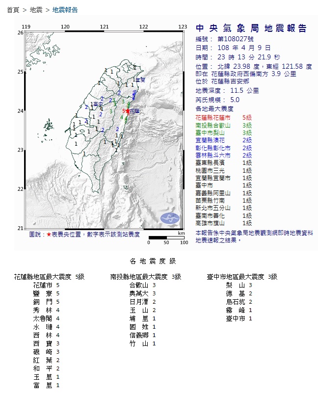 晚間11點13分地震，震央則是在花蓮縣吉安鄉，規模5.0。   圖：擷取自中央氣象局