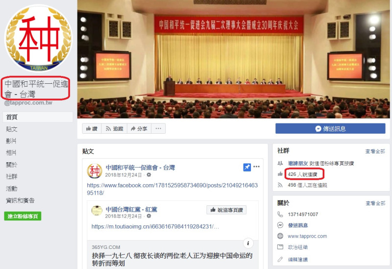 中國和平統一促進會台灣分部的臉書粉專目前有426人按讚，且發文頻率不低。   圖：翻攝自中國和平統一促進會