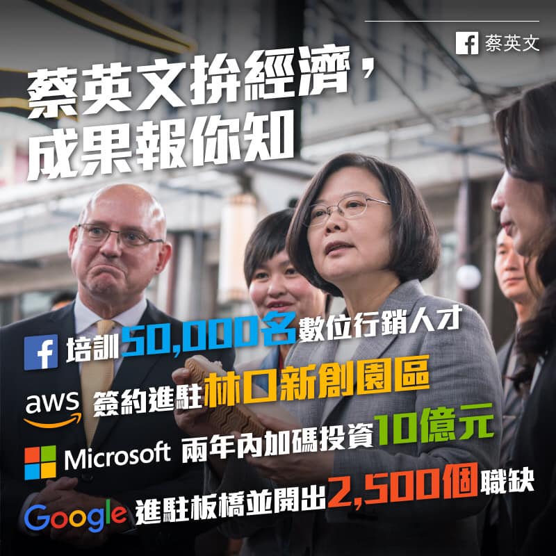 總統蔡英文日前在臉書以拚經濟成果，說明Google、Amazon、Microsoft、Micron及Facebook等美國科技巨擘在台灣提供許多工作機會。   圖：翻攝蔡英文 Tsai Ing-wen臉書