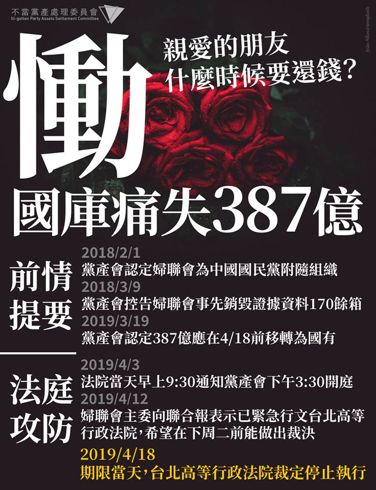 台北高等行政法院今（18）日下午裁准停止執行婦聯會387億財產應收歸國有處分，黨產會決定要提出抗告。   圖：擷自黨產會臉書
